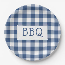 Blue and White Gingham Pattern BBQ Party Papieren Bordje