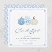 Blue and White Herfst Chinoiserie Pumpkins Wedding Save The Date (Voorkant / Achterkant)