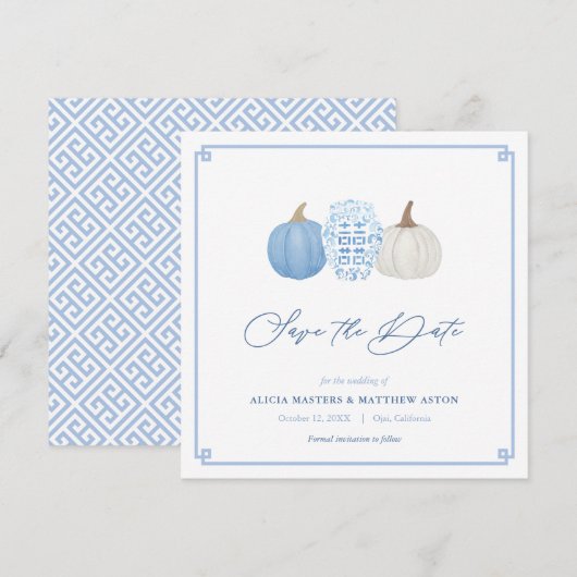 Blue and White Herfst Chinoiserie Pumpkins Wedding Save The Date (Voorkant / Achterkant)
