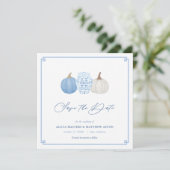 Blue and White Herfst Chinoiserie Pumpkins Wedding Save The Date (Staand voorkant)