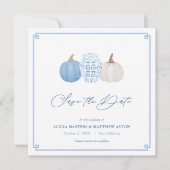 Blue and White Herfst Chinoiserie Pumpkins Wedding Save The Date (Voorkant)