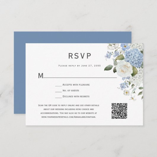 Blue and White Hydrangea, White Roses Floral RSVP Kaartje (Voorkant / Achterkant)