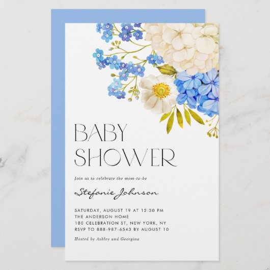 Blue and White Hydrangeas Baby shower Invitation (Voorkant / Achterkant)