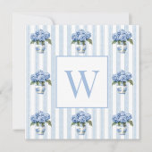 Blue and White Hydrangeas on Stripes Monogram Notitiekaartje (Voorkant)