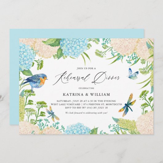 Blue and White Hydrangeas Rehearsal Dinner Kaart (Voorkant / Achterkant)
