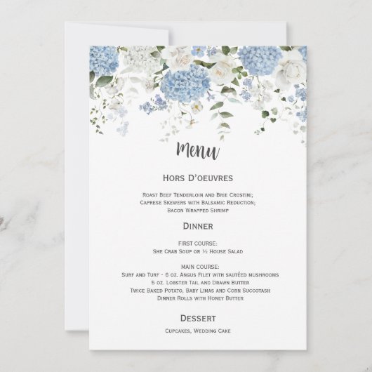 Blue and White Hydrangeas White Roses Wedding Menu Kaart (Voorkant)