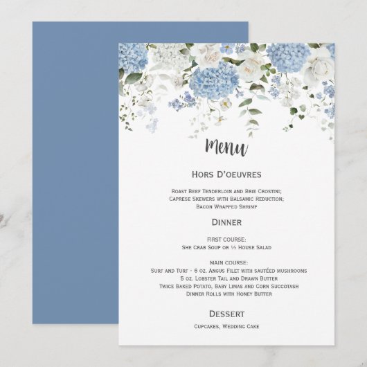 Blue and White Hydrangeas White Roses Wedding Menu Kaart (Voorkant / Achterkant)