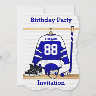 Blue and White Ice Hockey Jersey Birthday Party Kaart