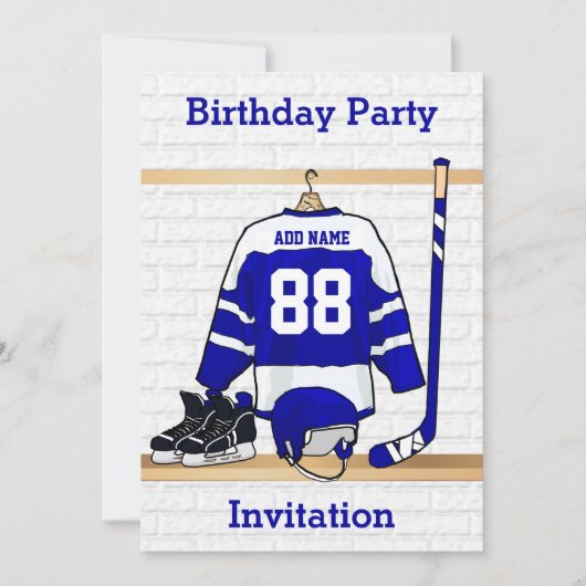 Blue and White Ice Hockey Jersey Birthday Party Kaart (Voorkant)