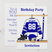 Blue and White Ice Hockey Jersey Birthday Party Kaart (Voorkant / Achterkant)