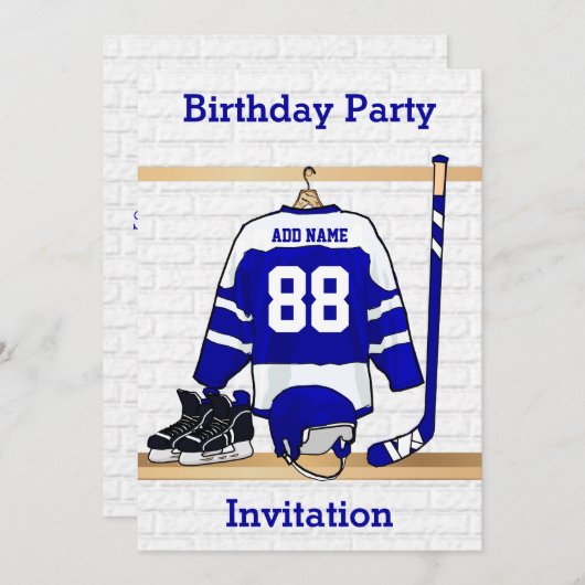 Blue and White Ice Hockey Jersey Birthday Party Kaart (Voorkant / Achterkant)