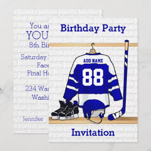 Blue and White Ice Hockey Jersey Birthday Party Kaart