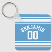 Blue and White Jersey Stripes Custom Name Number Sleutelhanger (Voorkant)
