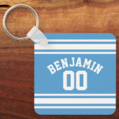 Blue and White Jersey Stripes Custom Name Number Sleutelhanger (Voorkant)