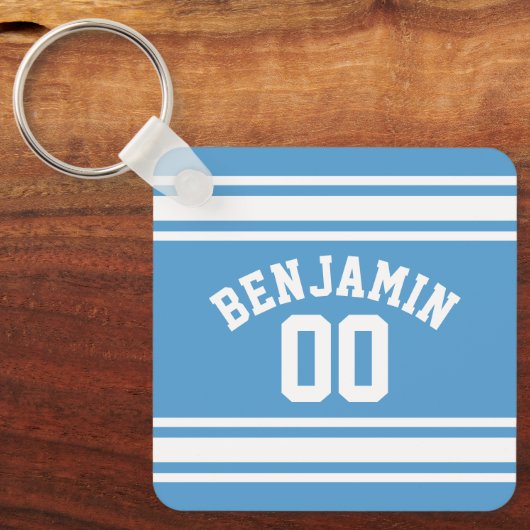 Blue and White Jersey Stripes Custom Name Number Sleutelhanger (Voorkant)