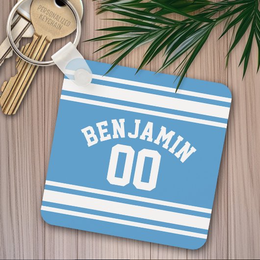 Blue and White Jersey Stripes Custom Name Number Sleutelhanger