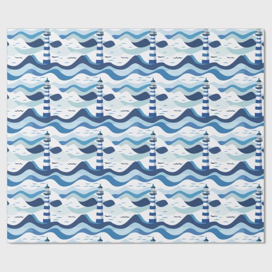 Blue and White Lighthouse Nautical  Cadeaupapier (Vlak)