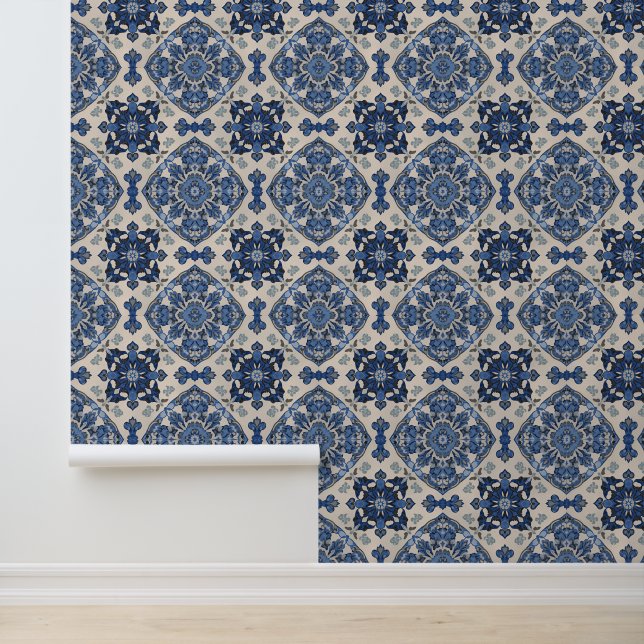 Blue and White Mediterranean Pattern Behang (Applicatie)