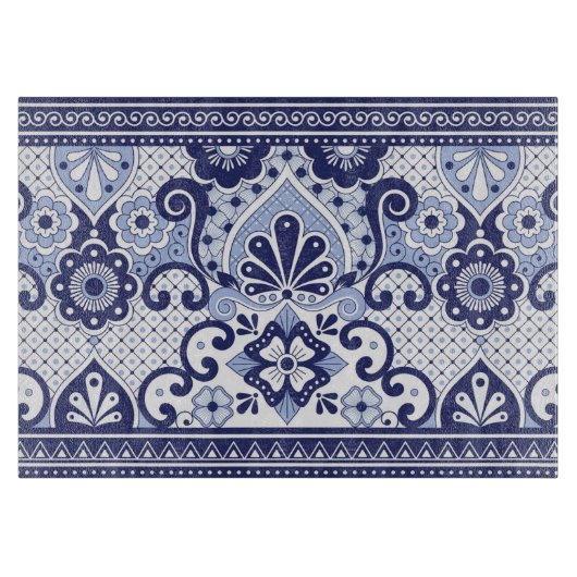 Blue and White Mexican Talavera Folk Art Tegel Snijplank (Voorkant)
