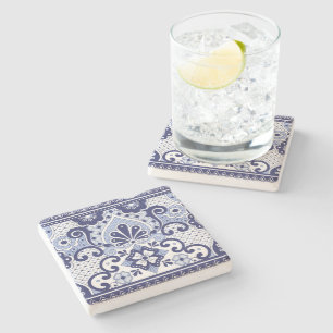 Blue and White Mexican Talavera Folk Art Tegel Stenen Onderzetter