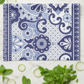 Blue and White Mexican Talavera Folk Art Tegel Theedoek (Gevouwen)