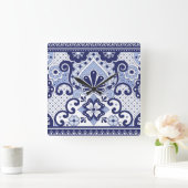 Blue and White Mexican Talavera Folk Art Tegel Vierkante Klok (Huis)