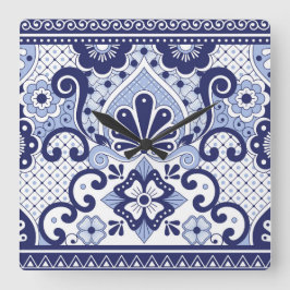 Blue and White Mexican Talavera Folk Art Tegel Vierkante Klok