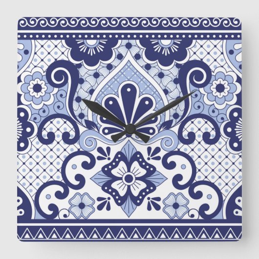 Blue and White Mexican Talavera Folk Art Tegel Vierkante Klok (Voorkant)