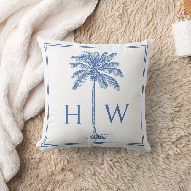 Blue and White Palm Palmetto Tree Monogram Kussen (Deken)