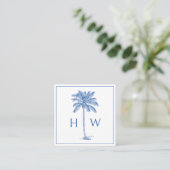 Blue and White Palm Palmetto Tree Monogram Vierkante Visitekaartje (Staand voorkant)