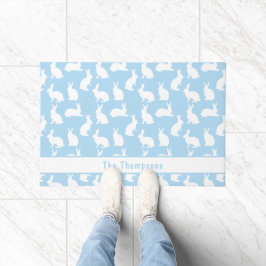 Blue And White Pattern Of Bunnies With A Name Deurmat