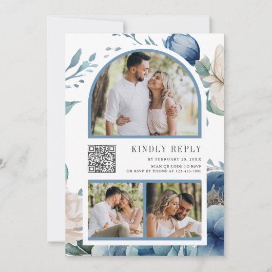 Blue and White Peony Mason Jar QR Code Weddenschap Kaart (Achterkant)