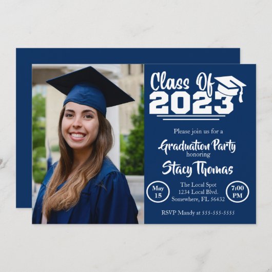 Blue and White Photo Graduation Party Kaart (Voorkant / Achterkant)