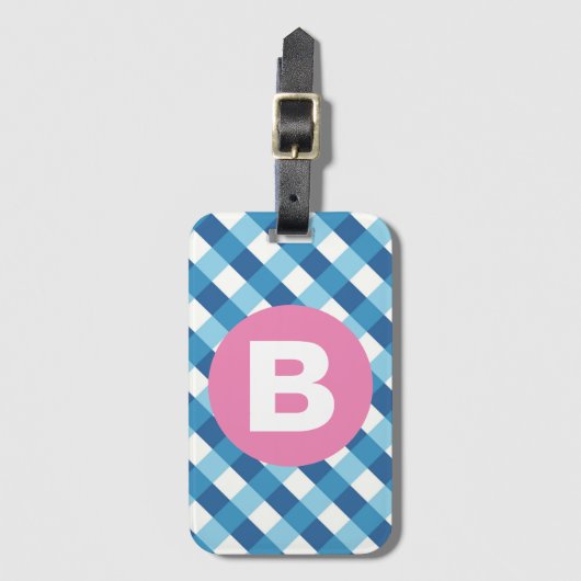 Blue and White Plaid Checked Pink Monogram Bagagelabel (Voorkant (verticaal))