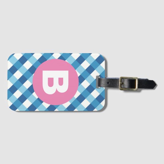 Blue and White Plaid Checked Pink Monogram Bagagelabel (Voorkant (horizontaal))