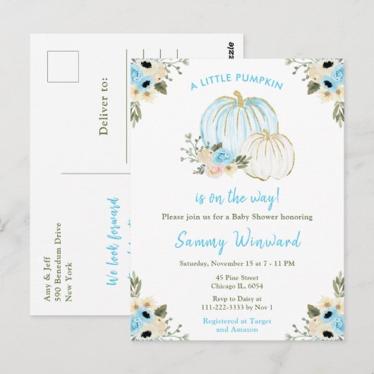 Blue and White Pumpkins Baby shower Briefkaart (Voorkant / Achterkant)