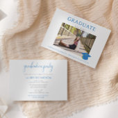 Blue and White Simple Photo Graduparty Kaart