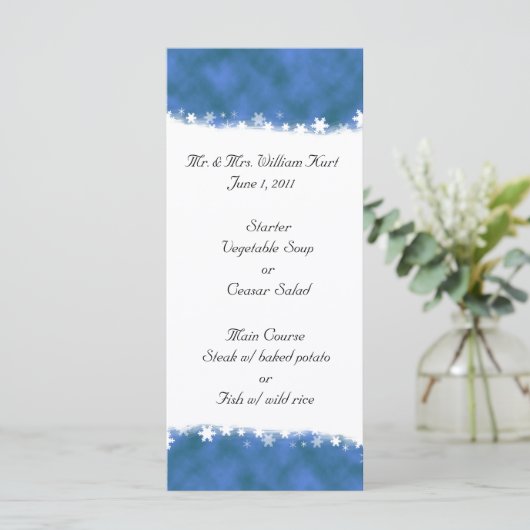 Blue and White Snowflake Receptie Menu (Staand voorkant)