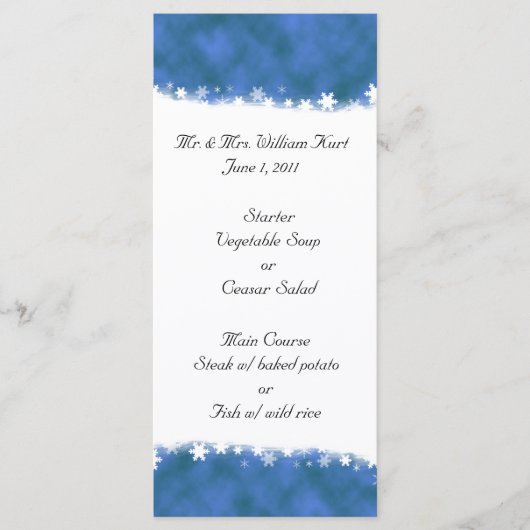 Blue and White Snowflake Receptie Menu (Voorkant)