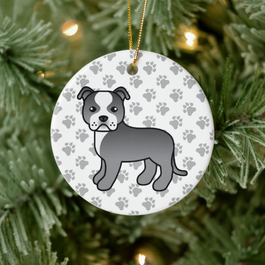 Blue and White Staffordshire Bull Terrier Dog Keramisch Ornament (Boom)