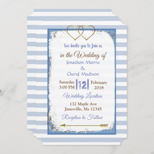 Blue and White Striped Gold Wedding Invitations Kaart (Voorkant / Achterkant)