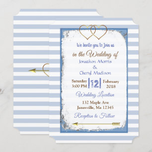 Blue and White Striped Gold Wedding Invitations Kaart