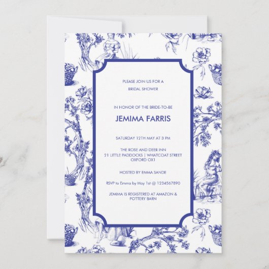 Blue and White Toile de Jouy Invitation Kaart (Voorkant)