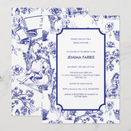 Blue and White Toile de Jouy Invitation Kaart (Voorkant / Achterkant)