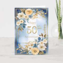 Blue and White Watercolor 50th Wedding Anniversary Kaart