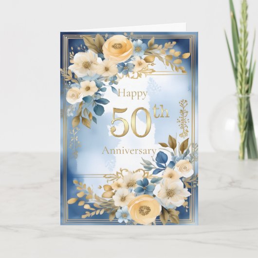 Blue and White Watercolor 50th Wedding Anniversary Kaart (Voorkant)