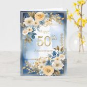 Blue and White Watercolor 50th Wedding Anniversary Kaart (Gele Bloem)