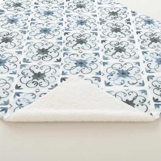 Blue and White Waterverf Moroccan Tegel Pattern Sherpa Deken (3/4)