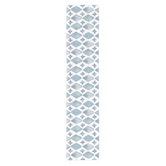 Blue and White Waterverf Moroccan Tile Pattern Korte Tafelloper (Voorkant)
