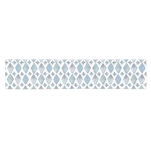 Blue and White Waterverf Moroccan Tile Pattern Korte Tafelloper (Horizontaal)